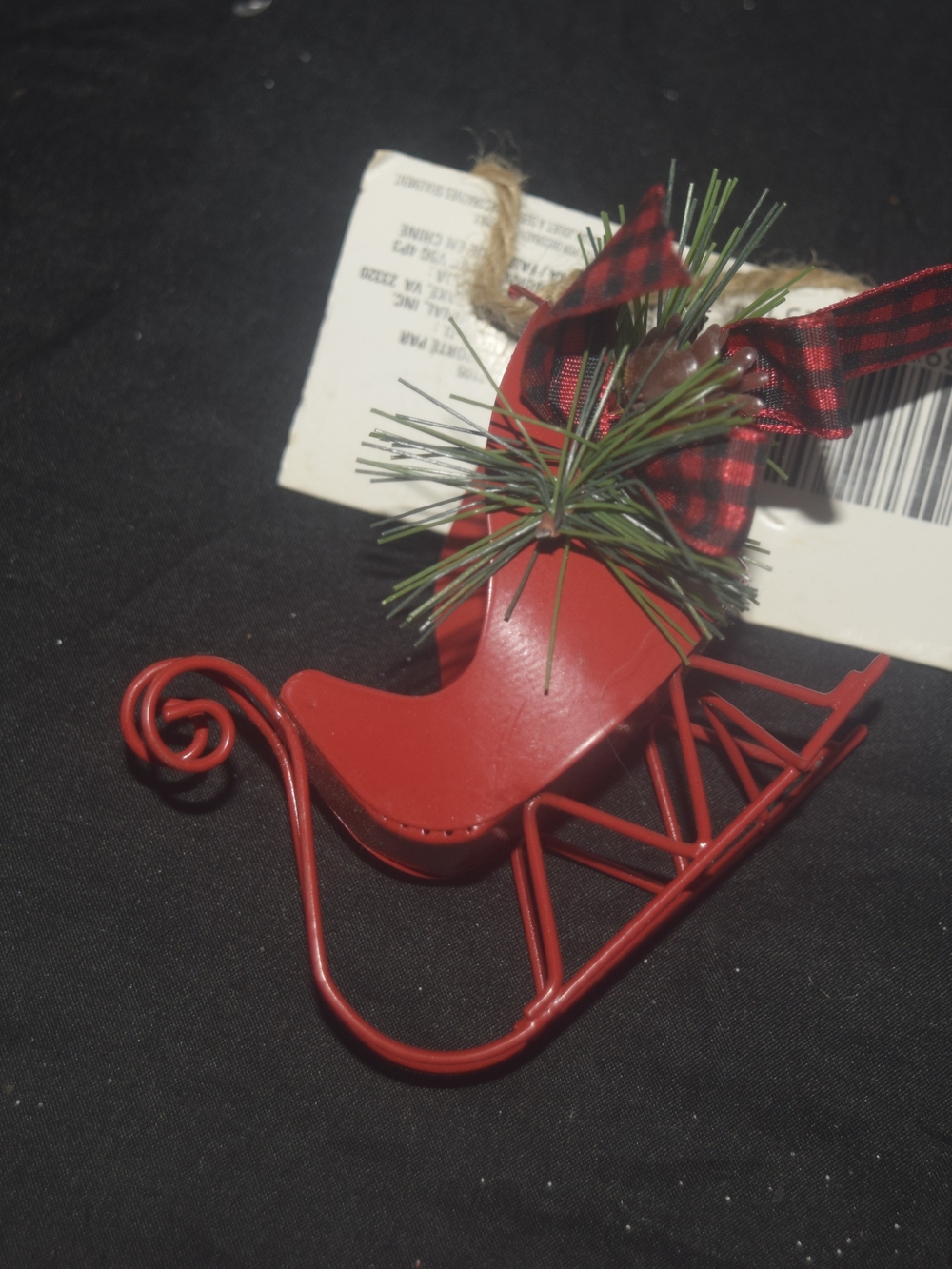 Red Metal Sleigh Ornament with Pine Sprig and Plaid Bow